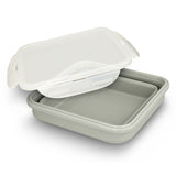 Set of 6 grey collapsible lunch boxes, made from BPA-free silicone, microwave safe, and storage-friendly with secure lids.