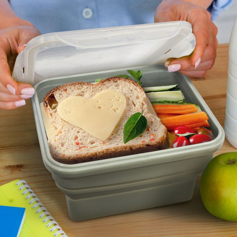 Grey collapsible lunch boxes set of 6, 800ml capacity, microwave safe, BPA-free with secure lid and compact design.