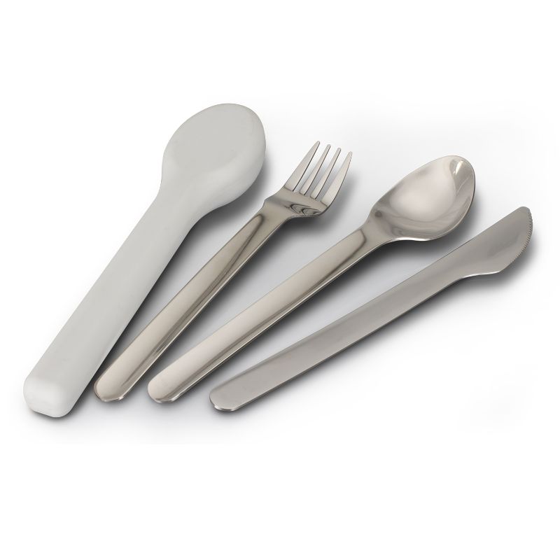 Travel Cutlery Set with stainless steel utensils in a grey silicone case, perfect for outdoor dining and travel convenience.