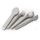 Travel Cutlery Set with stainless steel utensils in a grey silicone case, perfect for outdoor dining and travel convenience.