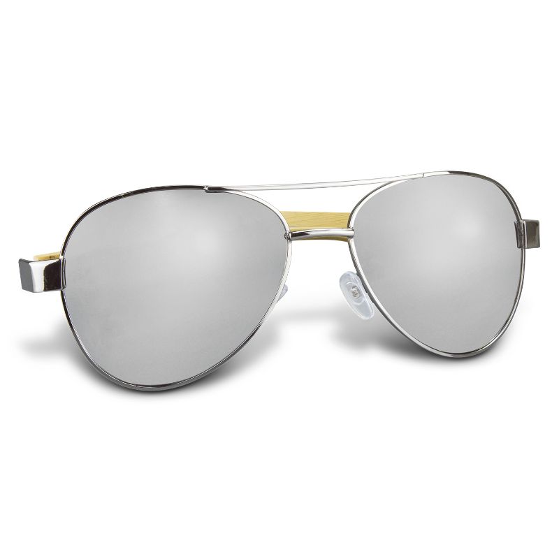 A set of 6 stylish aviator sunglasses with mirror lenses, bamboo arms, and 100% UV protection in a silver finish.