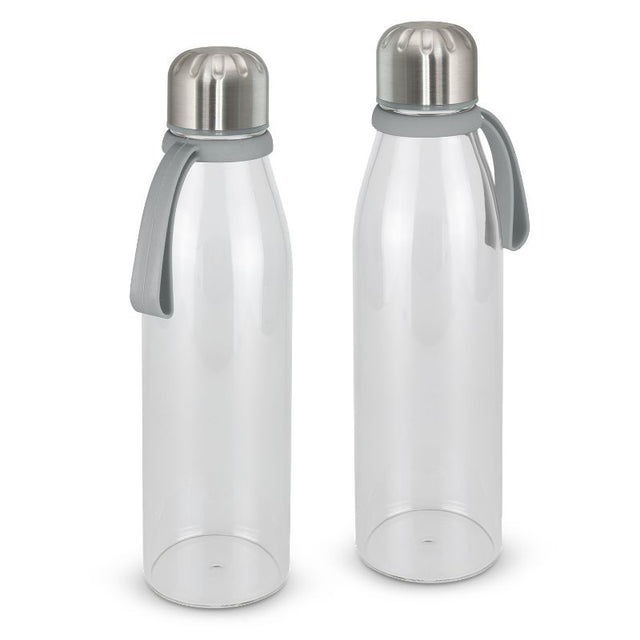 Set of 6 sophisticated grey borosilicate glass bottles with stainless steel lids and silicone handles for stylish hydration.