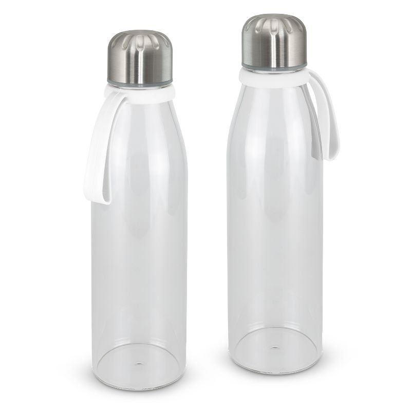 Set of 6 elegant white borosilicate glass bottles with secure lids, eco-friendly design for stylish hydration on the go.