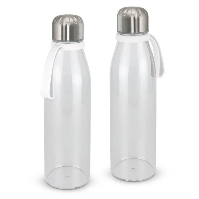 Set of 6 elegant white borosilicate glass bottles with secure lids, eco-friendly design for stylish hydration on the go.