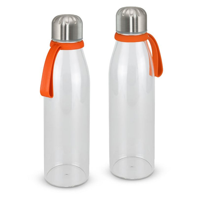 Set of 6 vibrant orange borosilicate glass bottles with screw-on lids and silicone handles for stylish hydration.