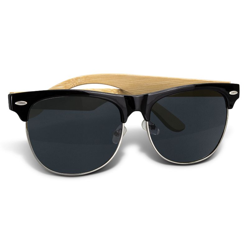 Eco-friendly Maverick Bamboo/Black sunglasses with UV400 lenses and bamboo arms, merging style and sustainability.