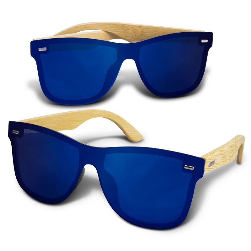 Stylish blue mirror lens sunglasses with eco-friendly bamboo arms and UV protection, perfect for outdoor activities.