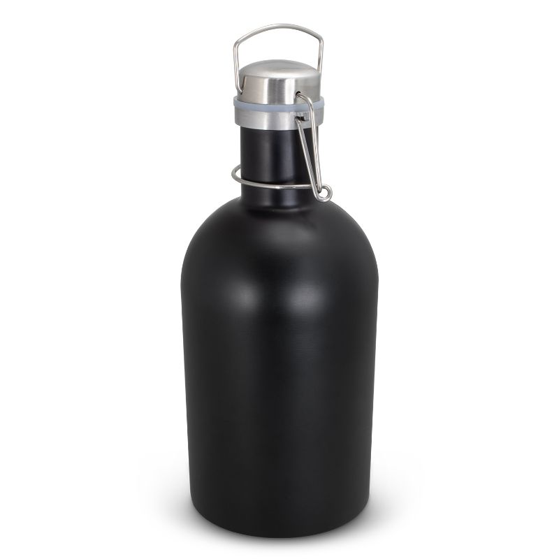 Black stainless steel beer growler with a secure lid, 2L capacity, perfect for maintaining beer freshness on-the-go.