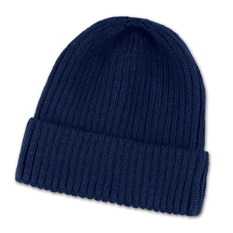 Navy knitted beanie with 2x2 rib style, made from durable acrylic, fits most, ideal for winter outings or casual wear.
