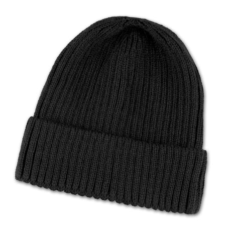 A stylish Denali Black knitted beanie with a 2x2 rib design, made from acrylic yarn, offering warmth and comfort.