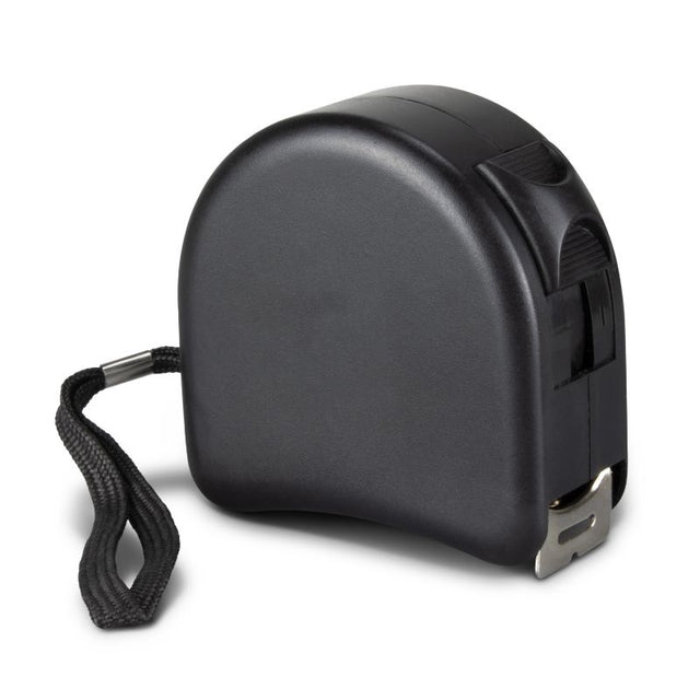 Black 8M measure tape set of 6 with durable casing, metal tape, inches/centimeters, belt clip, and wrist strap.