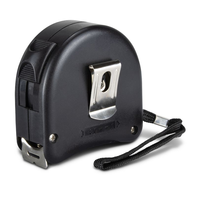 Black 8M measure tape set of 6, featuring durable casing, locking mechanism, inches/centimetres display, and handy accessories.