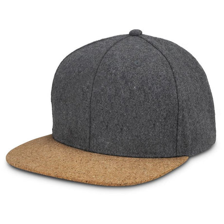Charcoal six-panel cap with cork flat peak, embroidered eyelets, and adjustable brass buckle for a customizable fit.