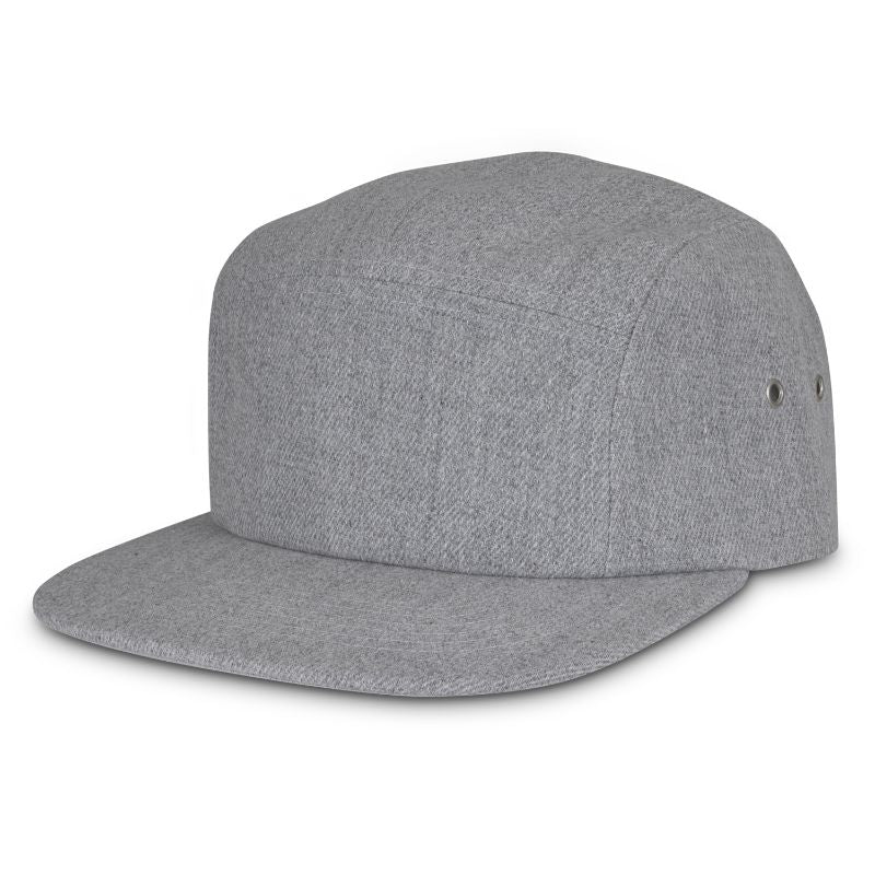 Sleek five-panel grey cap with flat peak, breathable eyelets, sweat band, and adjustable Velcro for a comfortable fit.