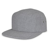 Sleek five-panel grey cap with flat peak, breathable eyelets, sweat band, and adjustable Velcro for a comfortable fit.