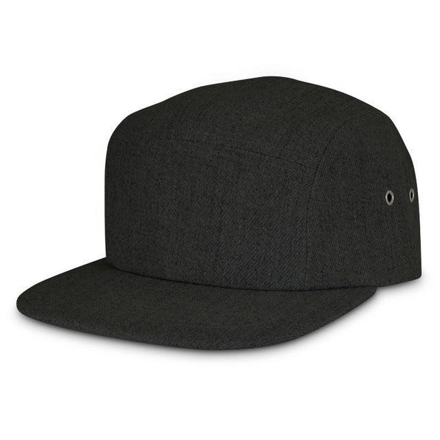 Stylish charcoal cap with a flat peak, five panels, adjustable Velcro, and comfortable sweatband for all-day wear.