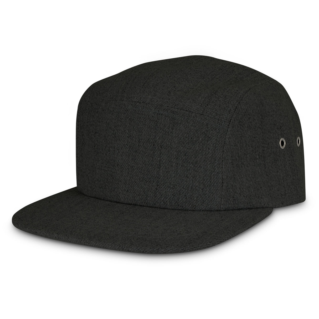 Stylish five-panel charcoal heather cap with flat peak, sweat band, and adjustable Velcro closure for comfort and fit.