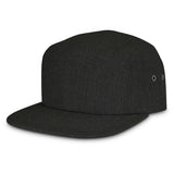 Stylish five-panel charcoal heather cap with flat peak, sweat band, and adjustable Velcro closure for comfort and fit.
