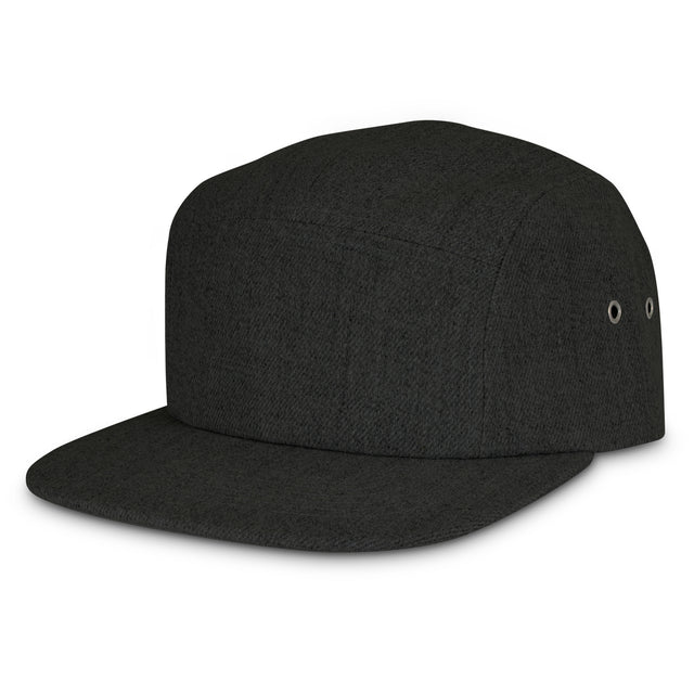 Stylish five-panel charcoal heather cap with flat peak, sweat band, and adjustable Velcro closure for comfort and fit.