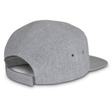 Stylish five-panel cap in heather grey with flat peak, sweat band, and adjustable Velcro for a comfortable fit.