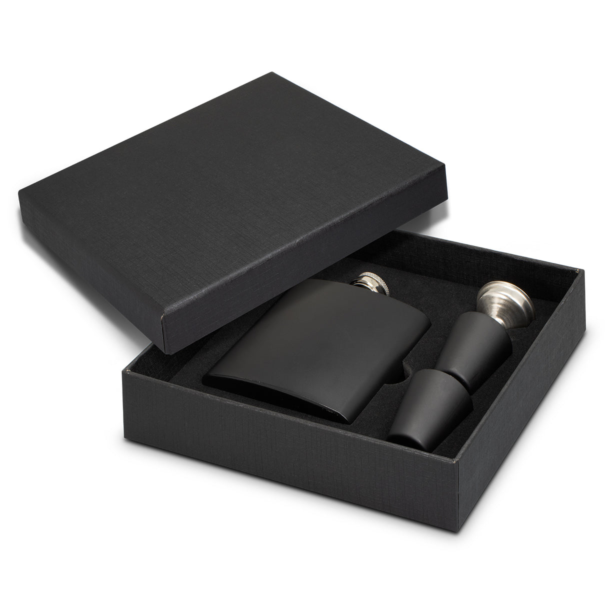 Elegant black stainless steel hip flask gift set with shot glasses and funnel, perfect for whiskey lovers and outdoor adventures.