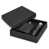 Elegant black stainless steel hip flask gift set with shot glasses and funnel, perfect for whiskey lovers and outdoor adventures.