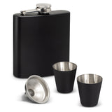 Dalmore black stainless steel hip flask gift set with two shot glasses, funnel, and elegant gift box. Perfect for whiskey lovers.