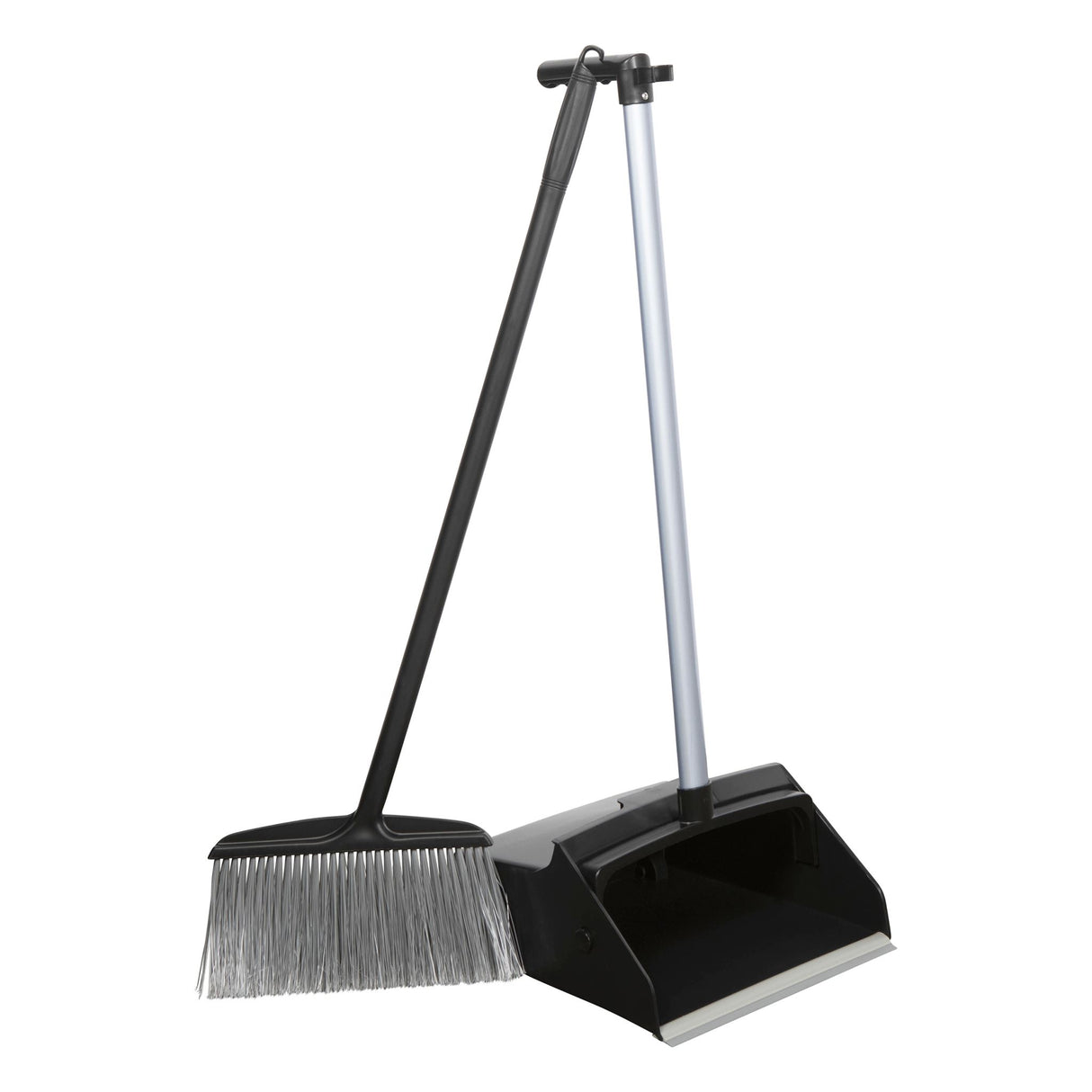 Cleanlink Lobby Pan Set in black and grey, featuring an angled broom head, flat lip, and wheels for easy cleaning and storage.