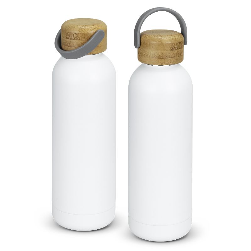Set of six Pasadena Steel White bottles in sleek stainless steel with bamboo lids, perfect for eco-friendly hydration on the go.
