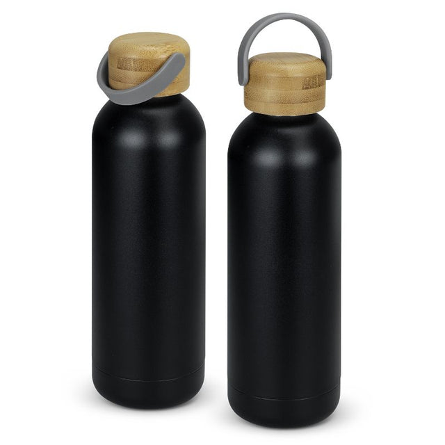 Set of 6 Pasadena Steel Black Bottles, 800ml, with durable matte black finish and bamboo lids, perfect for stylish hydration.