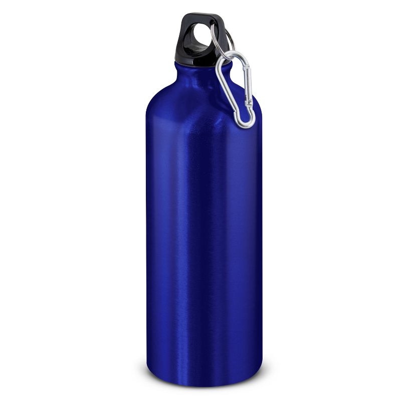 Translucent blue 800ml aluminum bottle with secure lid, handle, and carabiner; perfect for hydration on-the-go.