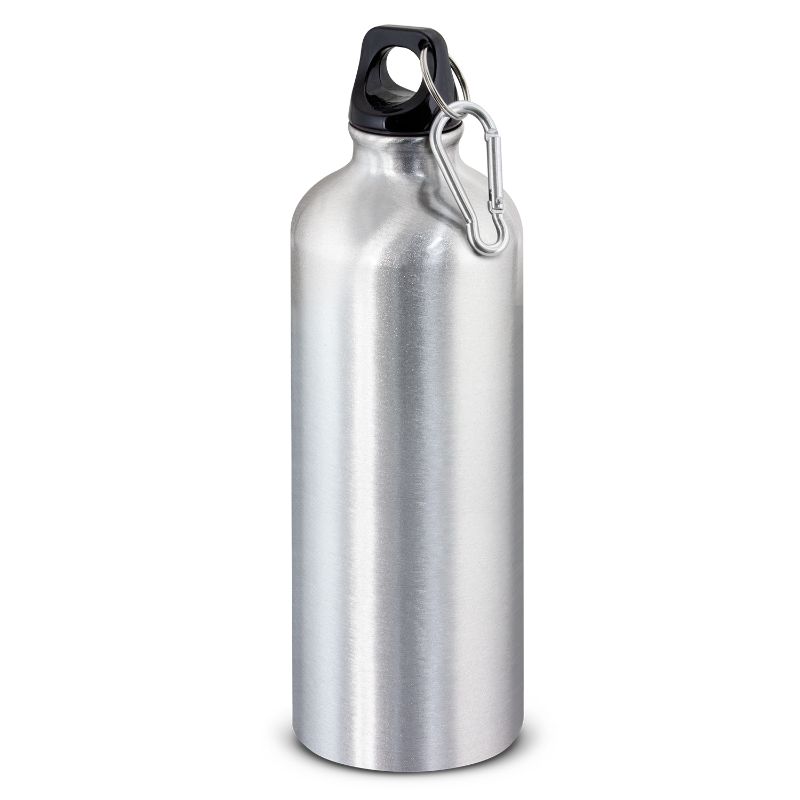 Intrepid Silver Bottle - 800ml aluminum, BPA-free, with secure lid, carry handle, and carabiner; pack of 6 for outdoor hydration.