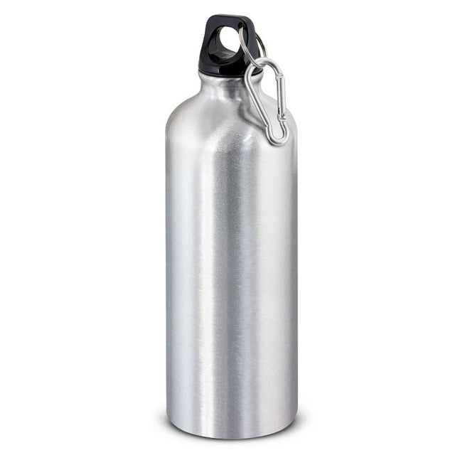 Intrepid Silver Bottle - 800ml aluminum, BPA-free, with secure lid, carry handle, and carabiner; pack of 6 for outdoor hydration.