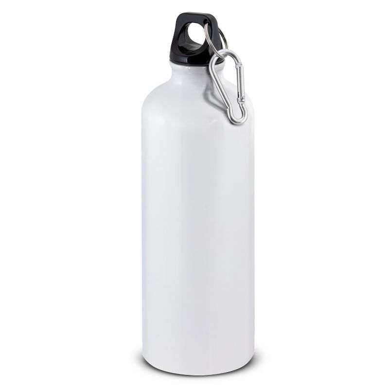 Sleek white 800ml BPA-free aluminium water bottles with secure lids and carry handles, sold in a set of 6.
