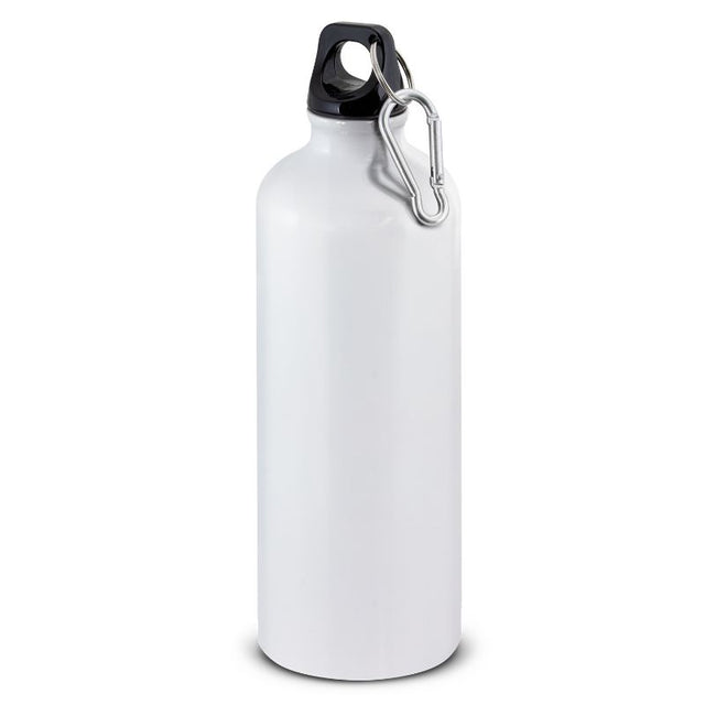 Sleek white 800ml BPA-free aluminium water bottles with secure lids and carry handles, sold in a set of 6.