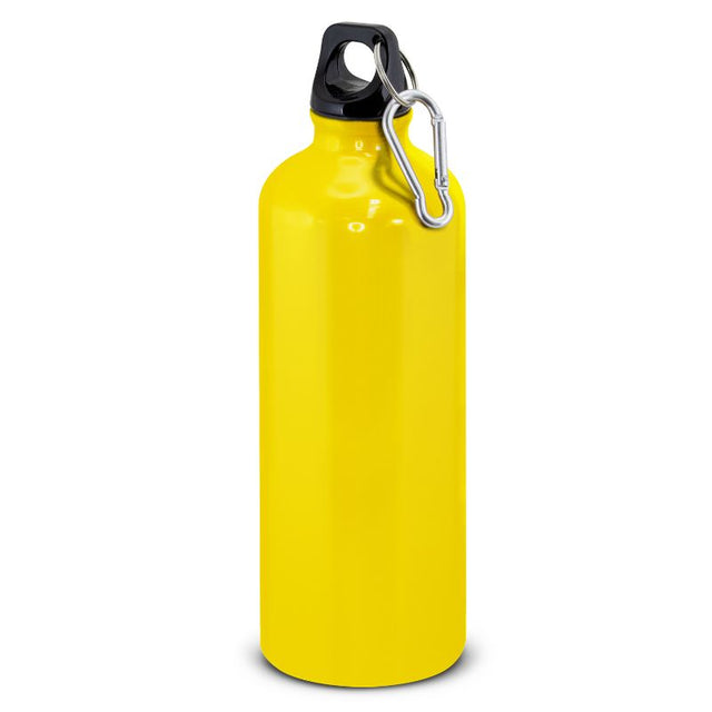 Set of 6 yellow 800ml aluminum bottles with secure lids, handles, and carabiners for hydration on outdoor adventures.