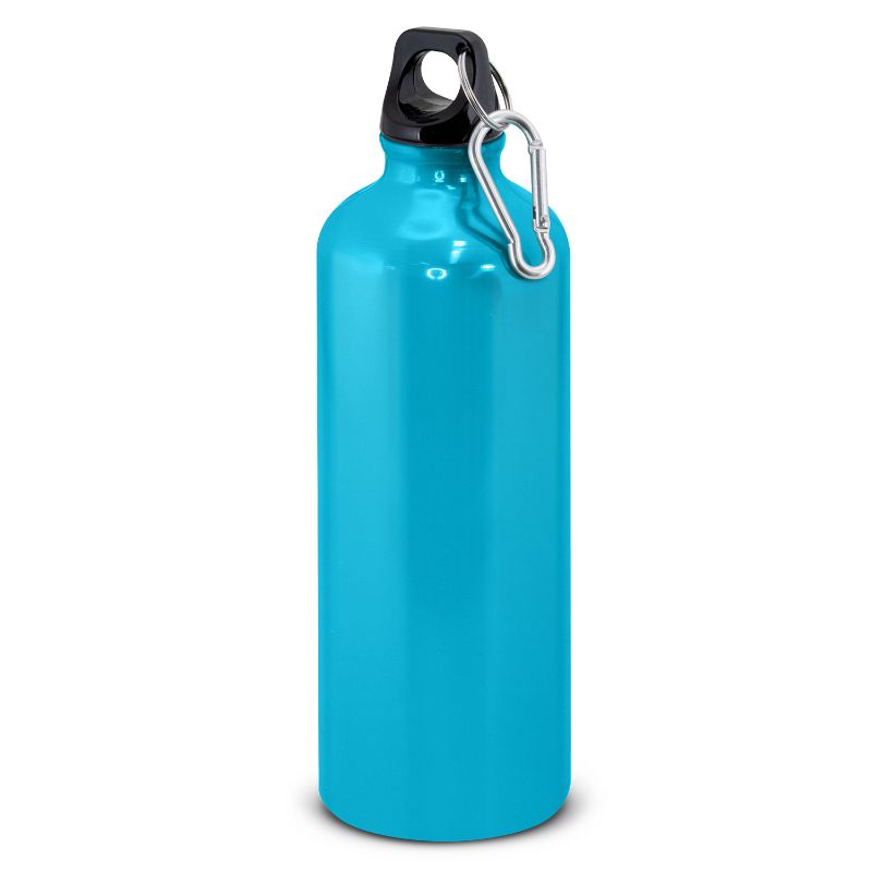 Light blue 800ml aluminum Intrepid Bottle with screw-on lid, carry handle, and carabiner; set of 6 for active hydration.