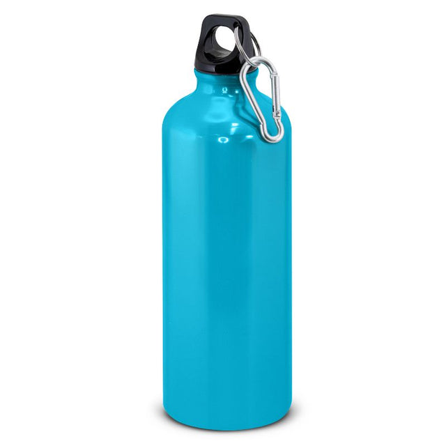 Light blue 800ml aluminum Intrepid Bottle with screw-on lid, carry handle, and carabiner; set of 6 for active hydration.