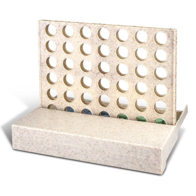 Eco-friendly Four in a Row game set of 10, crafted from rice husk and polypropylene, packaged in natural kraft boxes.