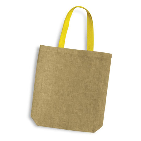 Eco-friendly yellow jute tote bag with strong handles, spacious design for shopping or events, sold in sets of 10.