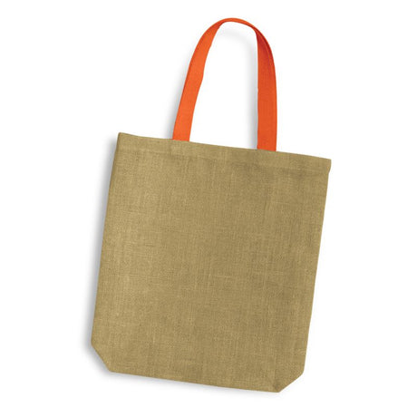 Vibrant orange jute tote bag with durable cotton handles, perfect for eco-friendly shopping and daily errands; pack of 10.