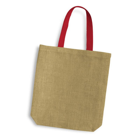 Vibrant jute tote bag with red handles, ideal for eco-friendly shopping and daily use, measures 380mm x 380mm.