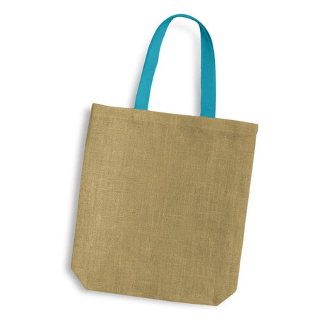Light blue jute tote bag with strong cotton handles, spacious design, and eco-friendly materials, sold in packs of 10.