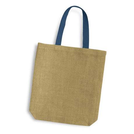Jute tote bag with dark blue handles, strong cotton webbing, and spacious design for eco-friendly shopping or gifting.