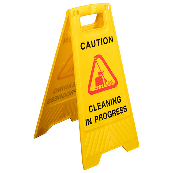 Bright yellow "Cleaning in Progress" sign promoting safety and preventing slips, ideal for any facility maintaining cleanliness.