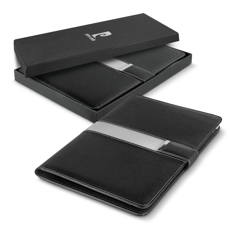 Elegant black Pierre Cardin Valence Portfolio with magnetic closure, features tablet pocket, cardholder, and notepad.