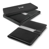 Elegant black Pierre Cardin Valence Portfolio with magnetic closure, features tablet pocket, cardholder, and notepad.
