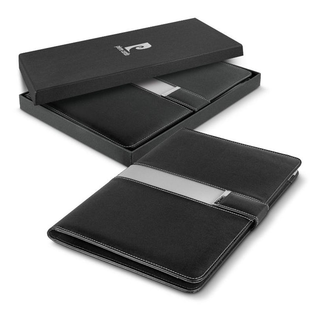 Elegant black Pierre Cardin Valence Portfolio with magnetic closure, features tablet pocket, cardholder, and notepad.