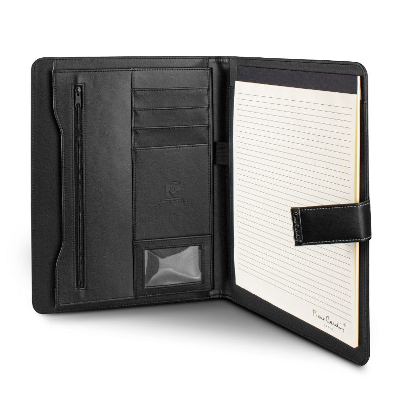 Elegant black Pierre Cardin Valence Portfolio with magnetic closure, tablet pocket, and organized cardholder for professionals.