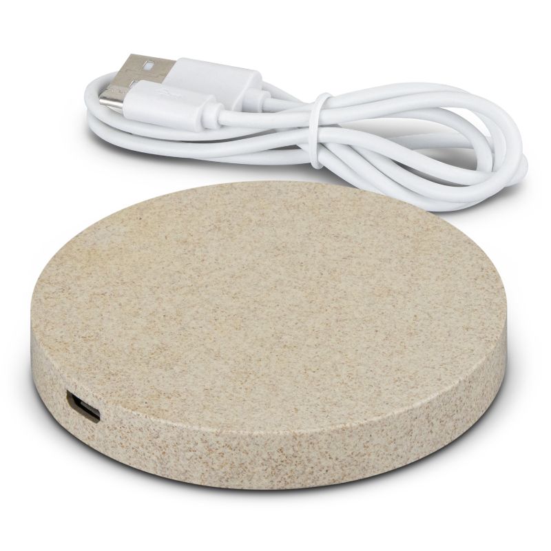Eco-friendly round wireless charger made from wheat straw, designed for efficient 5W charging of modern smartphones.
